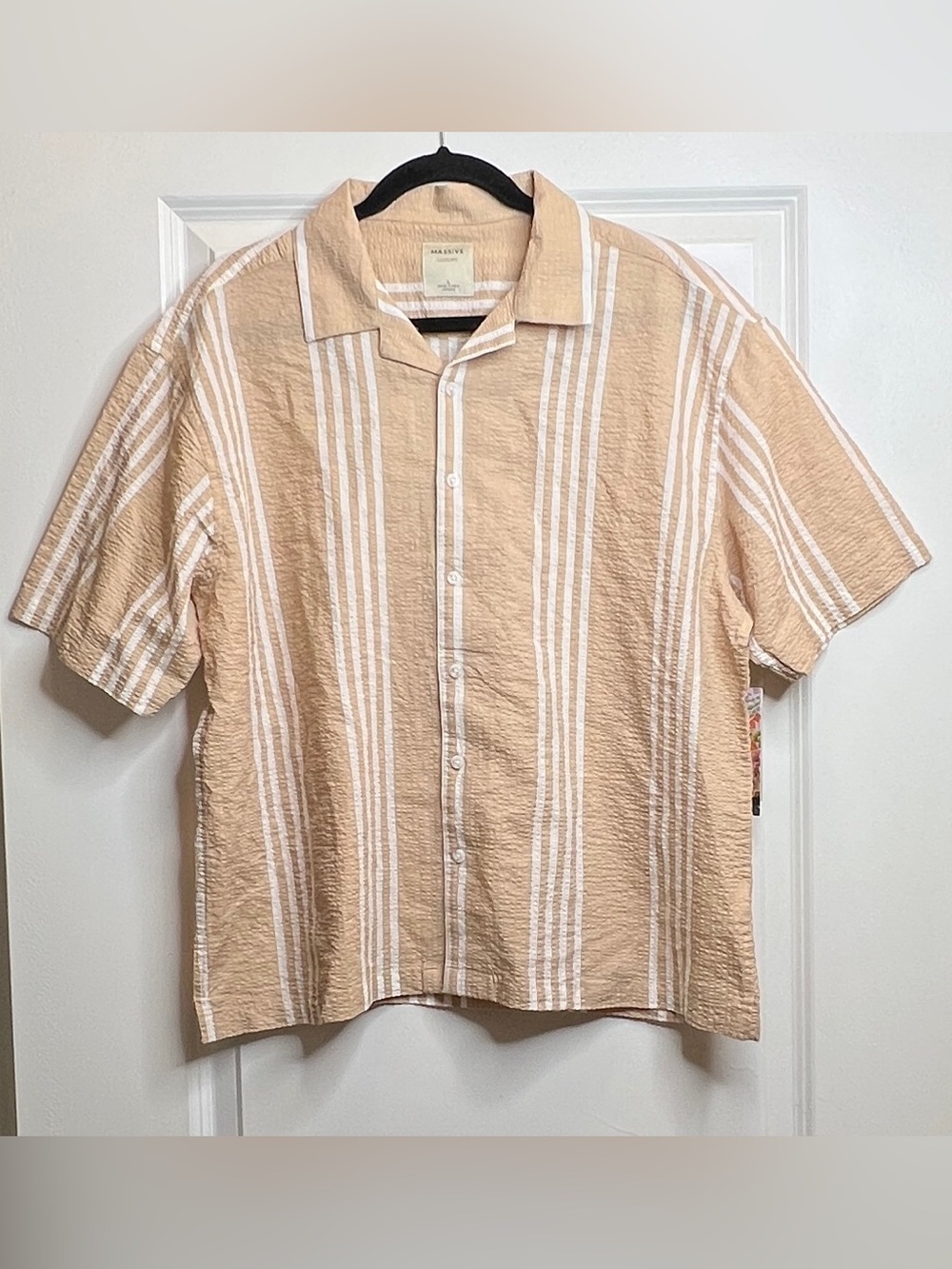 NWT Massive Luxury Mens Large Tan Striped 100% Cotton Resort Camp‎ Collar Shirt